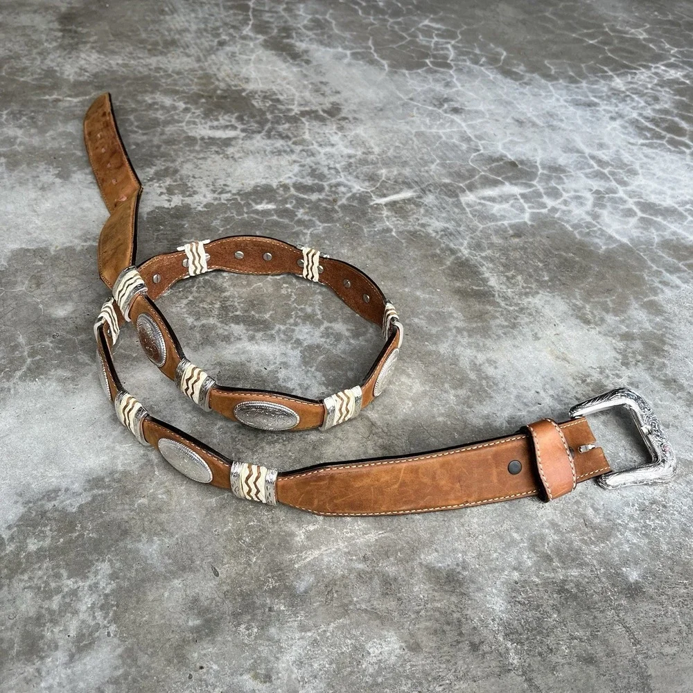 True Vintage Tony Lama Brown Leather Belt Studded Silver Size 44